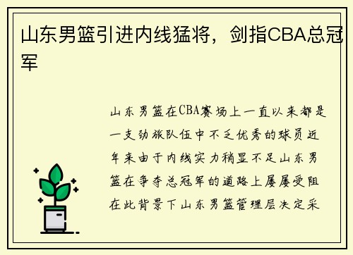 山东男篮引进内线猛将，剑指CBA总冠军